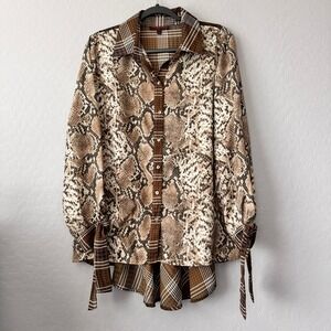 Mishca XL Button Down Blouse Brown Long Sleeve Snakeskin Plaid Mixed Media